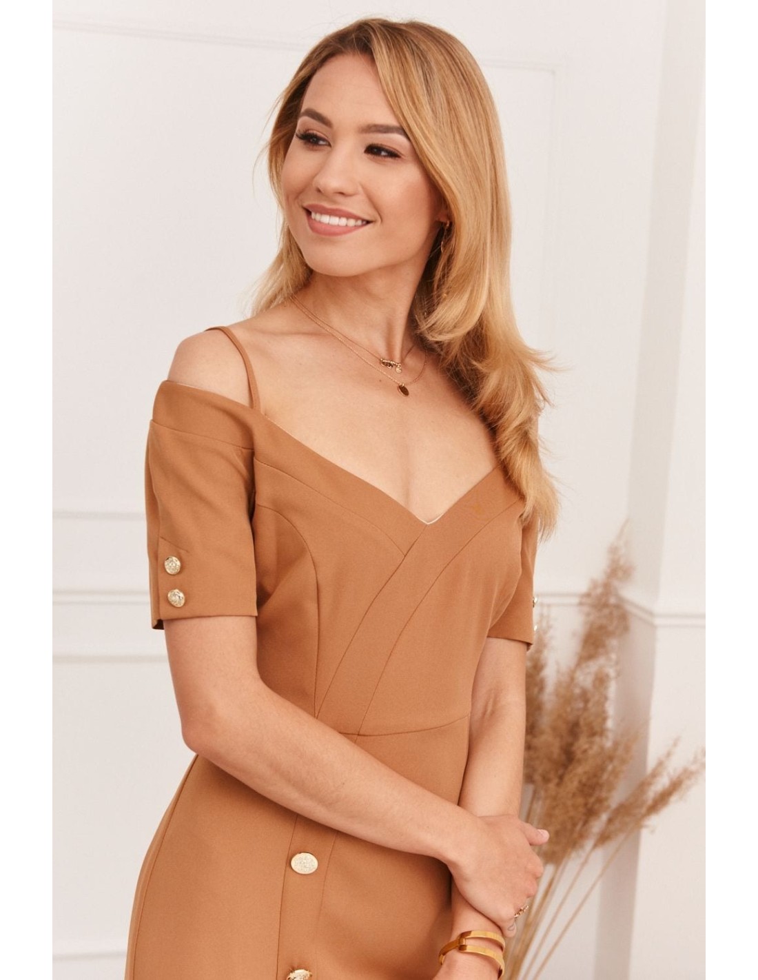 Elegant carmen neckline dress, caramel 0484 - Online store - Boutique